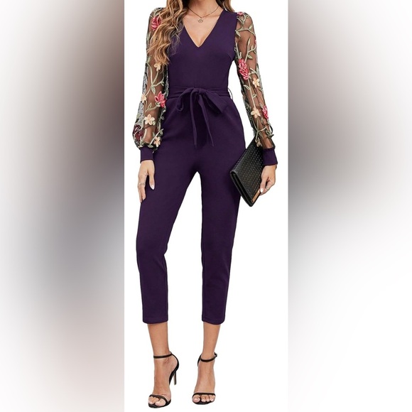 Wdirara Pants - Chic Purple Jumpsuit with Floral Sleeves